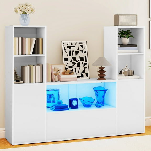 Dextrus 4-Tier U-Shaped Bookcase, Castle Bookshelf with Cabinet &LED Light, Cube Storage Organizer, White