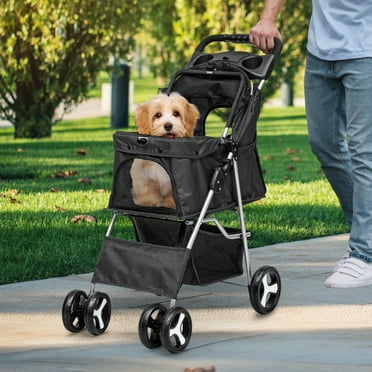 Dextrus 4-Wheel Foldable Dog Stroller with Storage Basket & 360° Rotating Wheels – Lightweight Pet Stroller for Small to Medium Dogs and Cats, Black