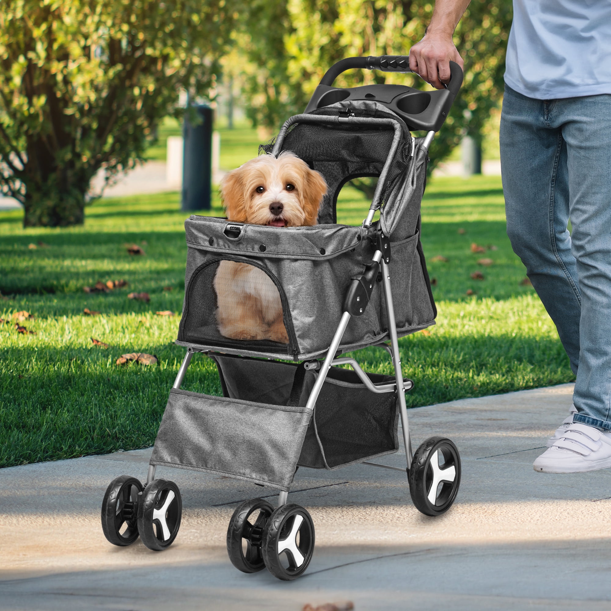 Dextrus 4-Wheel Foldable Dog Stroller with Storage Basket & 360° Rotating Wheels – Lightweight Pet Stroller for Small to Medium Dogs and Cats, Gray