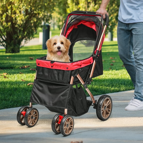 Dextrus 4 Wheel Foldable Dog Stroller with Storage Basket, Upgraded Version Pet Stroller with 360° Rotation Wheel, for Small Medium Dogs & Cats,Red