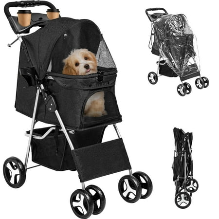 Dextrus 4 Wheels Dog Stroller for Medium Small Dogs, Foldable Pet Stroller with 360° Rotation Wheel, Cat Kitty Puppy Stroller with Storage Basket (Black)