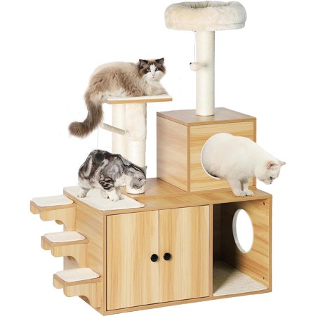Dextrus 4-in-1 Cat Tree with Litter Box Modern Cat Furniture 51.1" with Mat & Sisal Posts, Natural