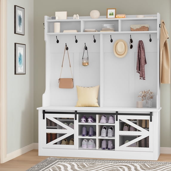 Dextrus 4-in-1 Entryway Hall Tree with Storage Bench, Coat Hanger, Shoe Cabinet for Hallway, Farmhouse Coat Rack with 12 Hooks, White