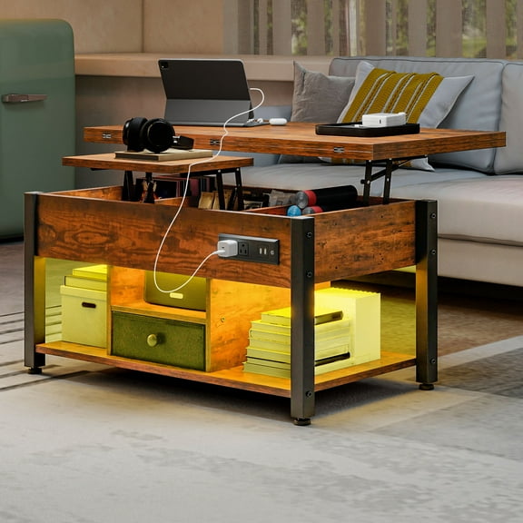 Dextrus 4-in-1 Lift Top Coffee Table with RGB Light, Storage, Power Outlets, Dual Tops, Brown