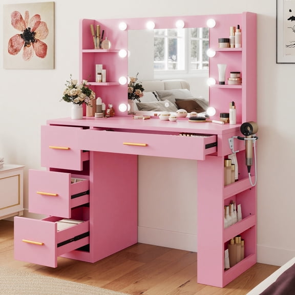 DEXTRUS 4 Drawers 40-inch Makeup Vanity Desk with LED Mirror, Power Outlets & Hairdryer Holder, Pink