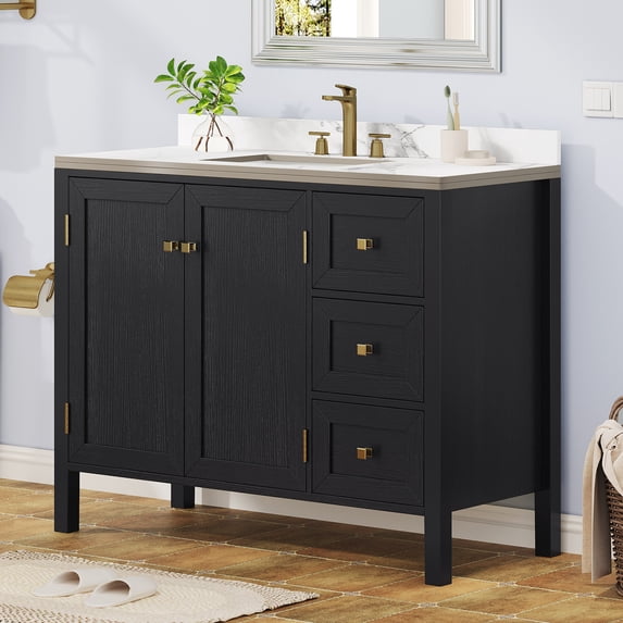 Dextrus 40'' Modern Bathroom Vanity with Sink Combo & Splash Guard , Freestanding Bathroom Storage Cabinet with 3 Drawers & 2 Doors, Black
