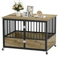 thumbnail image 1 of Dextrus 43.3" Wooden Dog Crate Furniture with Wheels,Double-Doors Dog Kennel Indoor,End Table & Dog Cage Table - Greige, 1 of 8