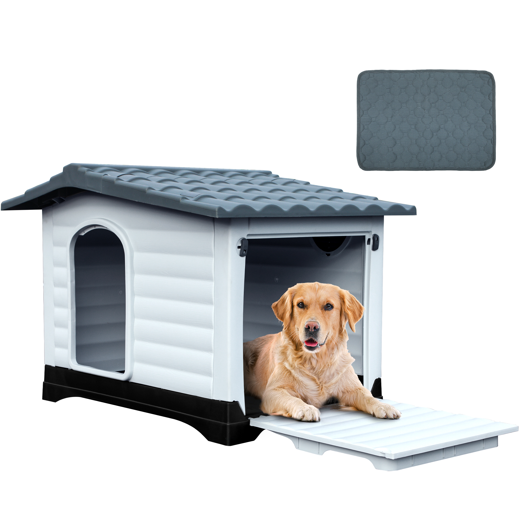 Dextrus 43.7'' Large Double Door Dog House with Porch & Cushion