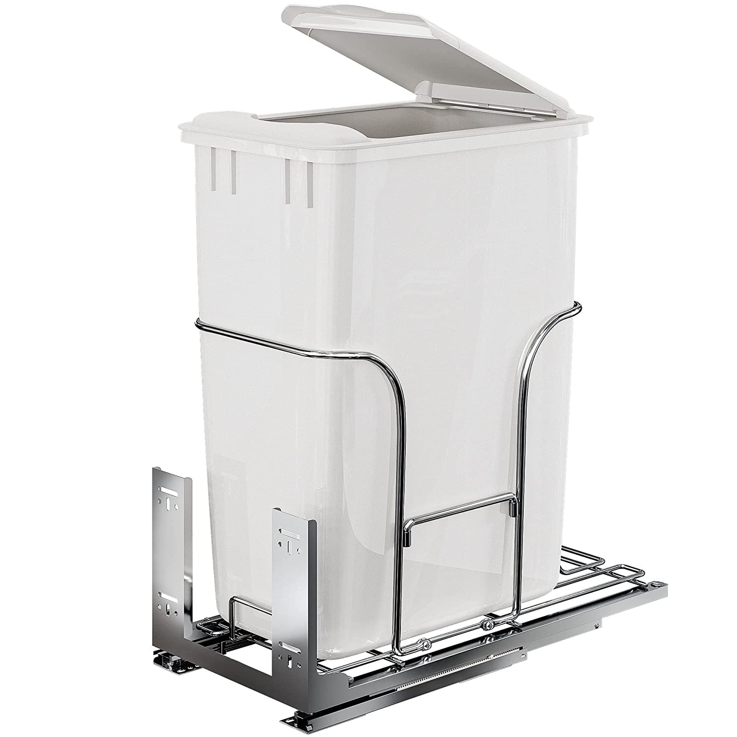 Dextrus 43 Qt/13 Gallon Pull-Out Trash Can Recycling Bin with Lid, Sliding Under Mount Kitchen Waste Garbage Container with Silent Slides, White