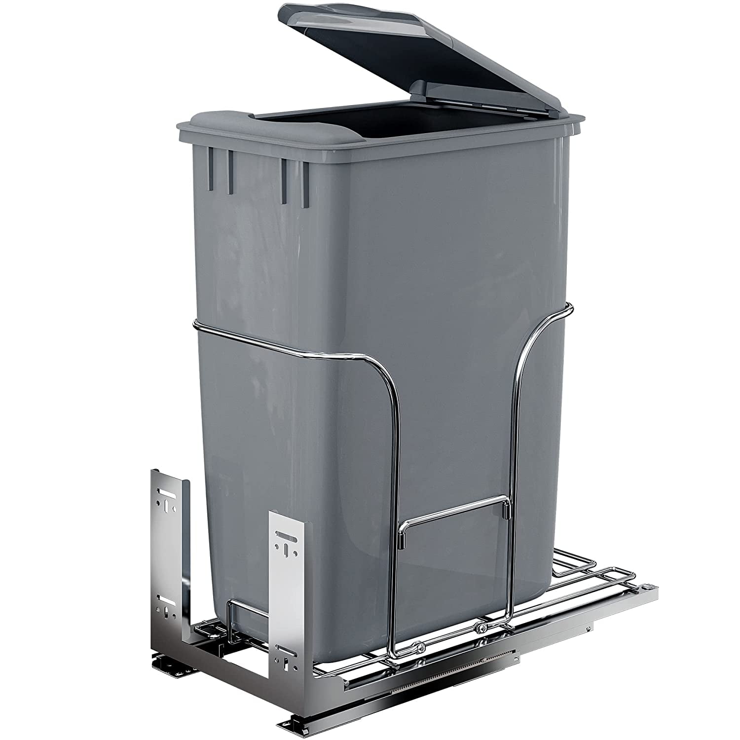 Gray Polypropylene 43 Quart Pull-Out Trash Can with Lid and Silent Slides