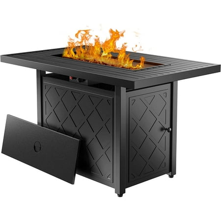 Dextrus 43-Inch Steel Propane Fire Pit with Ignition Systems, Lava Rock, Lid, 50,000 BTU for Outdoor Patio Deck Garden Backyard - Black
