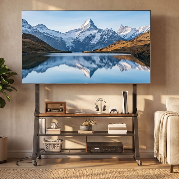 Dextrus 46" Wide Mobile TV Cart, Rolling TV Stand with Lockable Wheels and Power Outlets, Portable Entertainment Stand for 32-75 Inch TVs, Rustic Brown