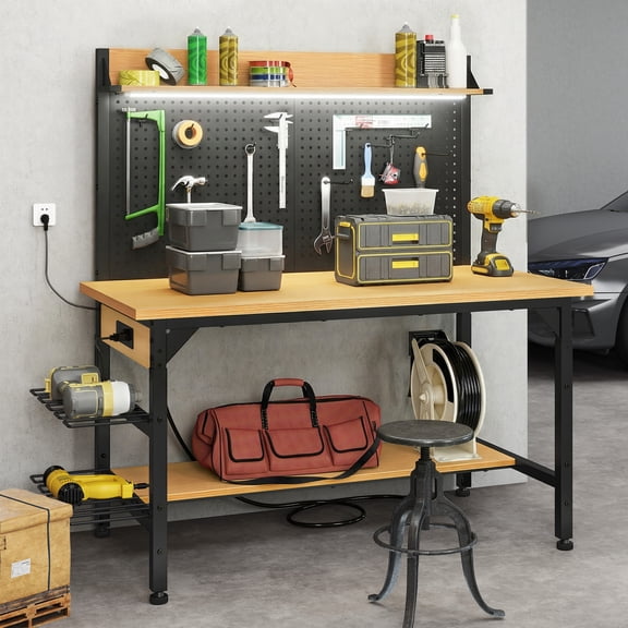 Dextrus 47.2" Adjustable Heavy Duty Workbench with Wheels, Pegboard, Storage Shelf, AC/USB Outlets, LED Light, Hooks, 1100lb Load Capacity for Garage, Workshop, Home