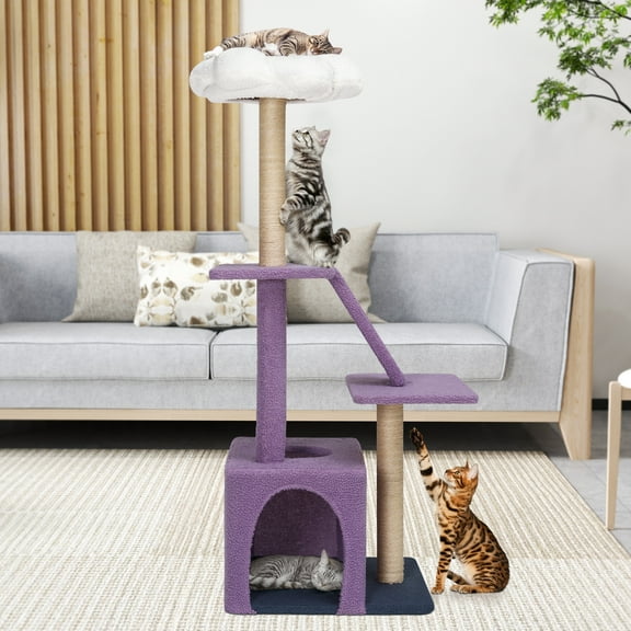 Dextrus 47.2" Flower Cat Tree Tower, Indoor Cat Condo with Cute Sisal Scratching Posts and Board, Purple & White
