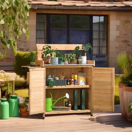 Dextrus 47.4?H Outdoor Potting Bench Table, Weatherproof Wood Storage Cabinet with Foldable Pallet and Removable Plate, Natural