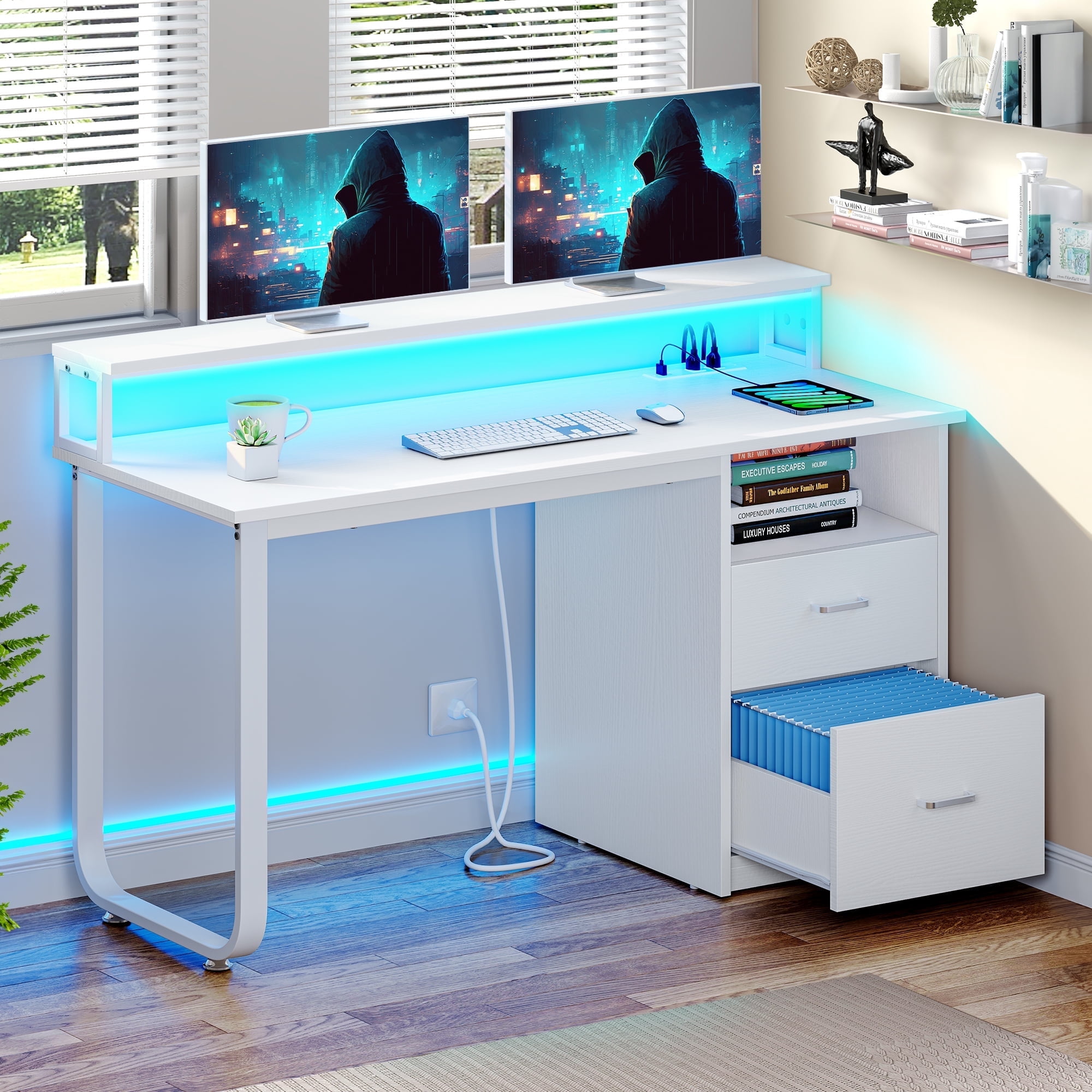 Dextrus 47 Computer Desk with Storage Drawers LED Light Office Desk with Monitor Stand Power Outlets Work Study PC Desk for Small Spaces Home