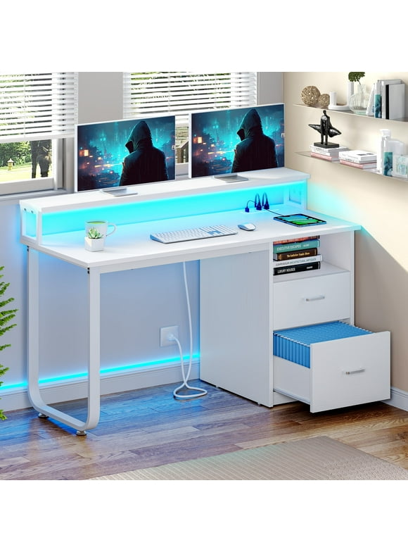 Dextrus 47" Computer Desk with Storage Drawers & LED Light, Office Desk with Monitor Stand & Power Outlets, Work Study PC Desk for Small Spaces, Home Office, White