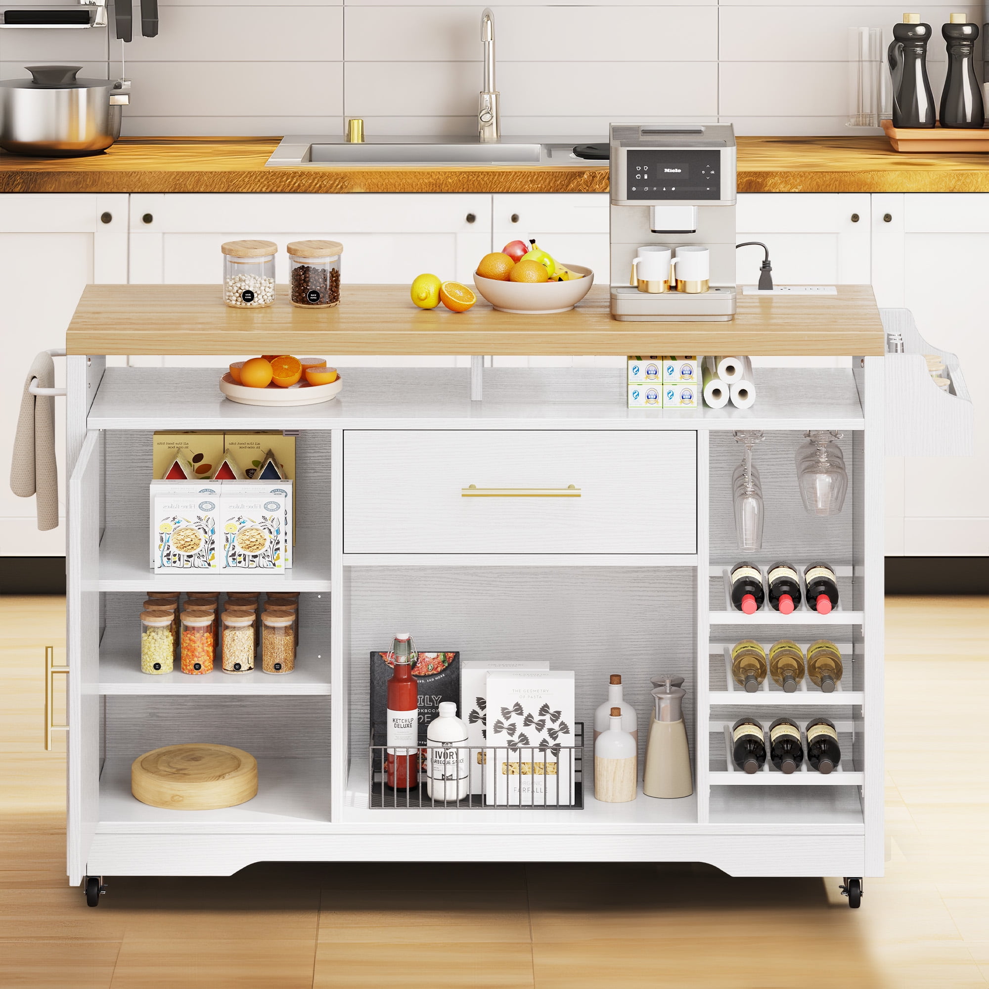"Dextrus White 47"" Movable Kitchen Storage Cart with Microwave Space ...