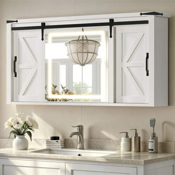 Dextrus 47" Medicine Cabinet with LED Lights Mirror, Bathroom Wall Storage Cabinet with Doors and Adjustable Shelf, White