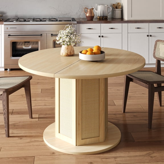 Dextrus 47" Round Dinner Table, Wood Farmhouse Rattan Kitchen Table for 4- 6 Person, Dining Room Table for Kitchen Room Dining Room, Oak