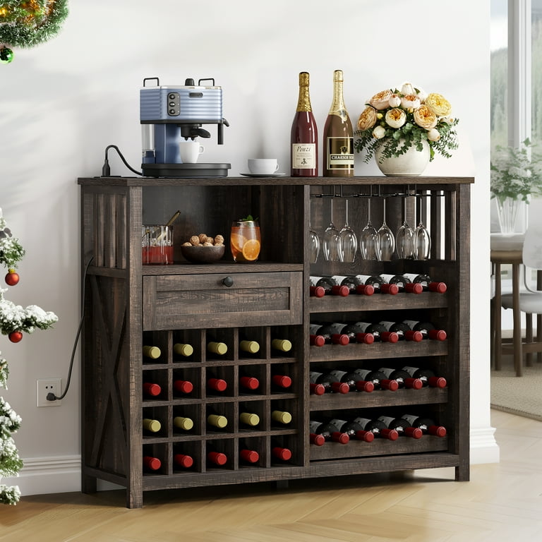 Dextrus 47 Bar Cabinet Wine Cabinet with Charging Station and 16 Adjustable LED Light for Kitchen Living Room Wine Bar Stand for Liquor and Glasses Rustic Brown Walmart