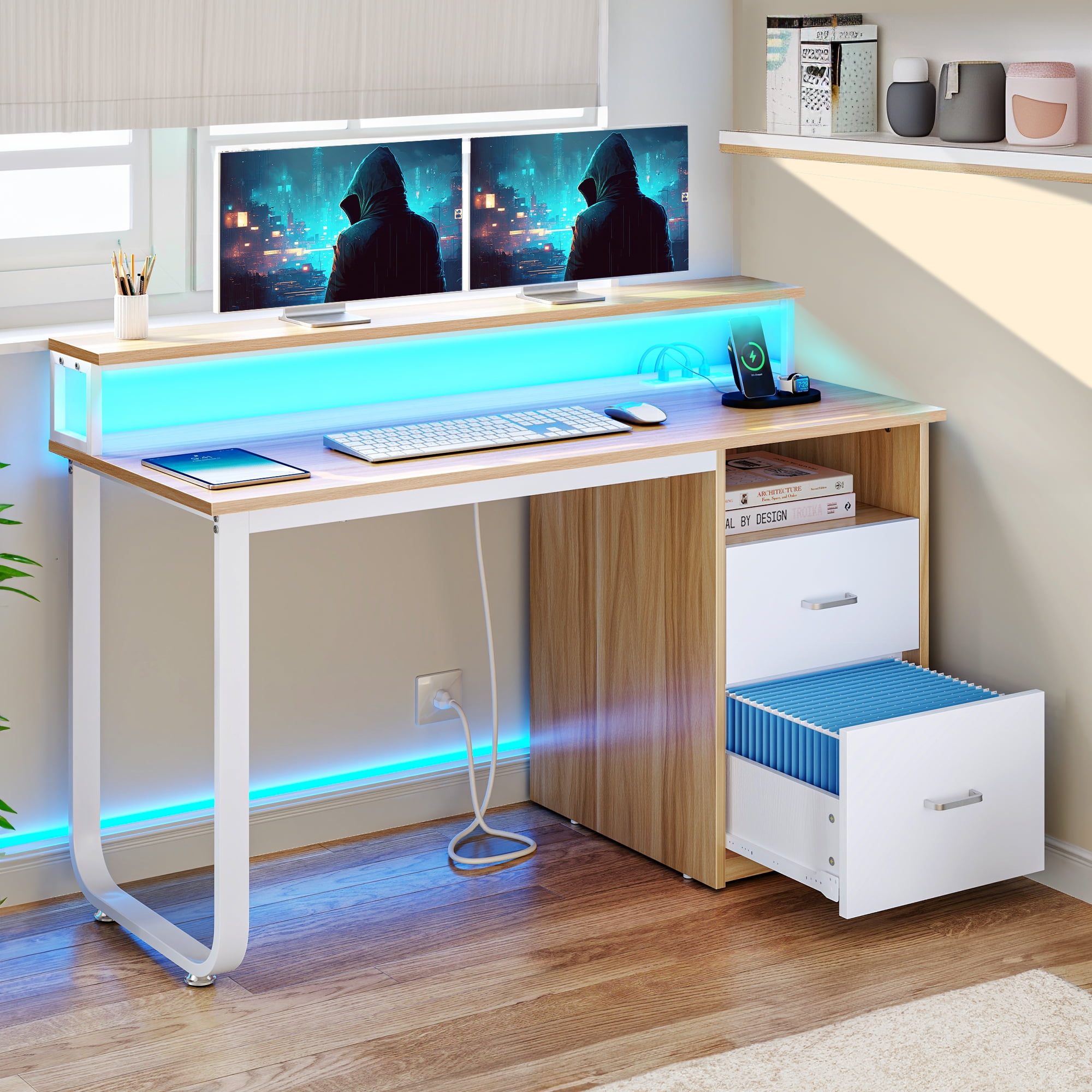 Dextrus 47 inch Computer Desk with Storage Drawers & LED Light, Office ...