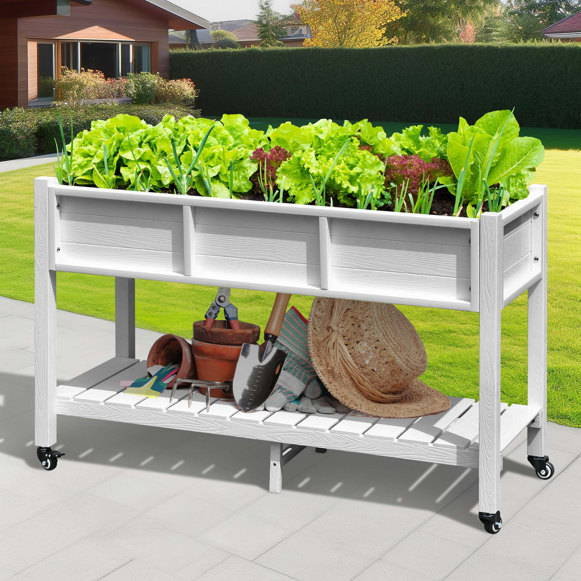 Dextrus 47x18x31.1in Raised Garden Bed Lockable Wheels and Storage Shelf,  Planter Box Stand - White