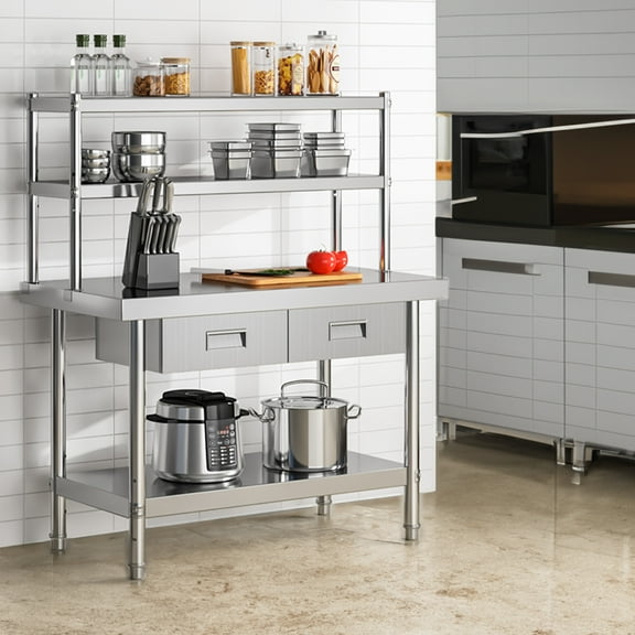 Dextrus 48" × 24" Stainless Steel Table with Overshelves and 2 Drawers