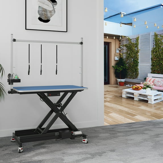 Dextrus 49" Professional Electric Dog Grooming Table for Large Dogs with Leveling Wheels & Aluminum Dog Grooming Arm, Anti Slip Tabletop & Tool Organizer