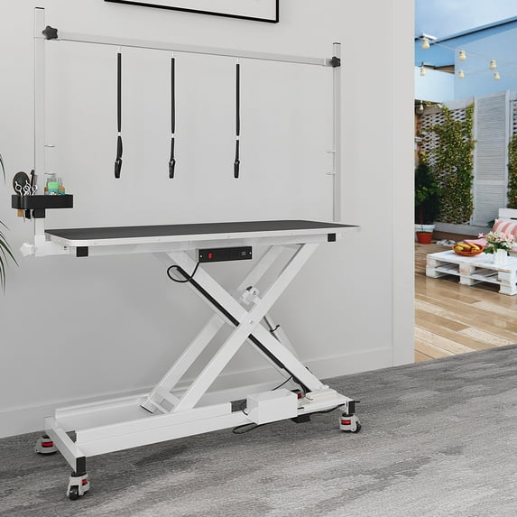 Dextrus 49" Professional Electric Dog Grooming Table for Large Dogs with Leveling Wheels & Aluminum Dog Grooming Arm, Anti Slip Tabletop & Tool Organizer