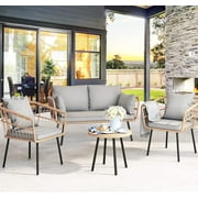 Dextrus 4pcs Outdoor Patio Bistro Set PE Rattan Wicker Furniture Conversation w/ Cushion(Grey)