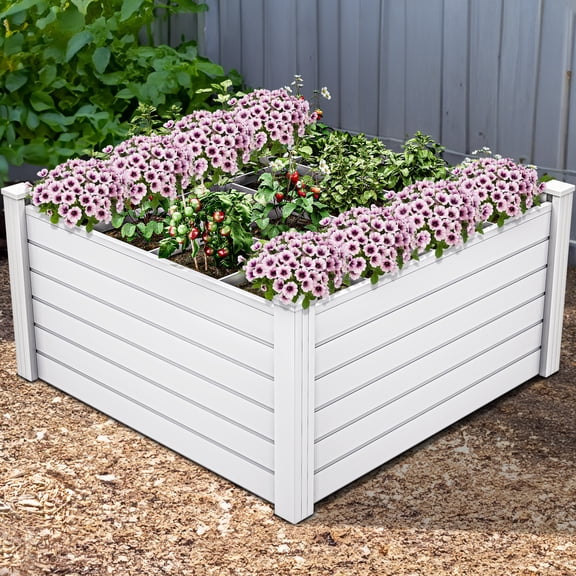 Dextrus 4x4x2ft Plastic Raised Garden Bed with Growth Grid, Large Resin Vinyl Above Ground Planter Box, Ideal for Plants, Vegetables, Flowers, White