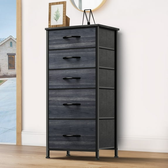 DEXTRUS 5-Drawer Fabric Dresser with Wooden Top and Steel Frame for Bedroom, Adults & Teens