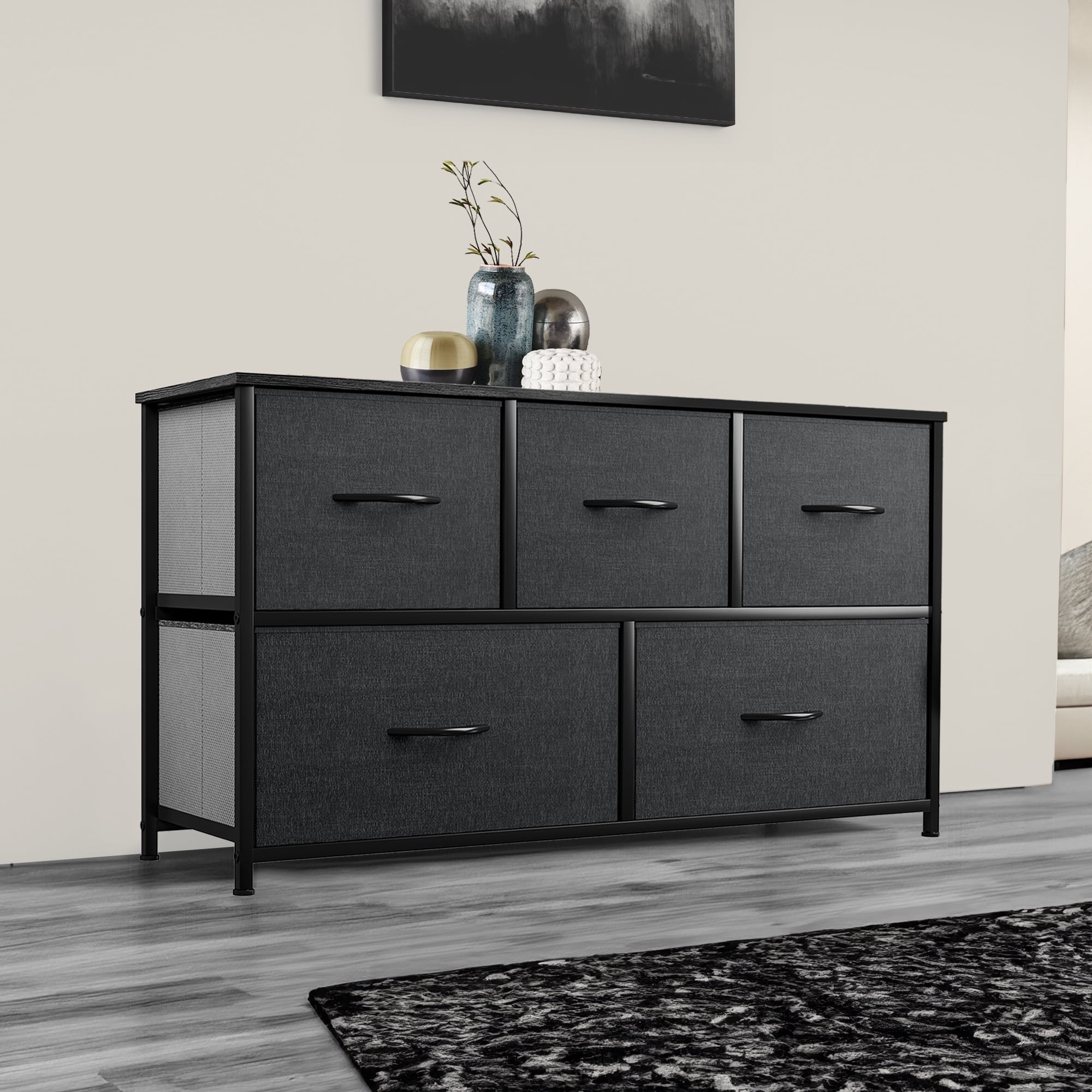 Dextrus 5 Drawer Fabric Dresser With Wood Top for Living Room, , Hallway for Adult, Black