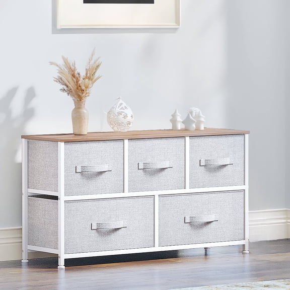 DEXTRUS Fabric Dresser TV Stand with 5 Drawers, Wide Storage Tower Chest for Adult for Bedroom and Closet Light Grey