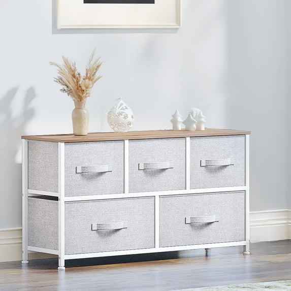 DEXTRUS Fabric Dresser TV Stand with 5 Drawers, Wide Storage Tower Chest for Adult for Bedroom and Closet Light Grey