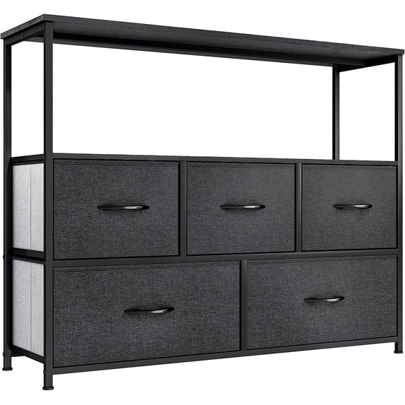 Dextrus 5-Drawer Fabric Dresser with Shelves, Furniture Storage Tower Cabinet, Organizer for Bedroom, Living Room, Hallway, Closet, Sturdy Steel Frame, Wooden Top, Easy Pull Fabric Bins, Dark Grey