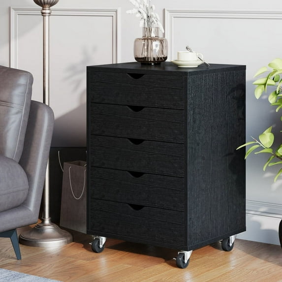 DEXTRUS 5 Drawer Mobile File Cabinet, Wood Filing Chest for Home Office, Black