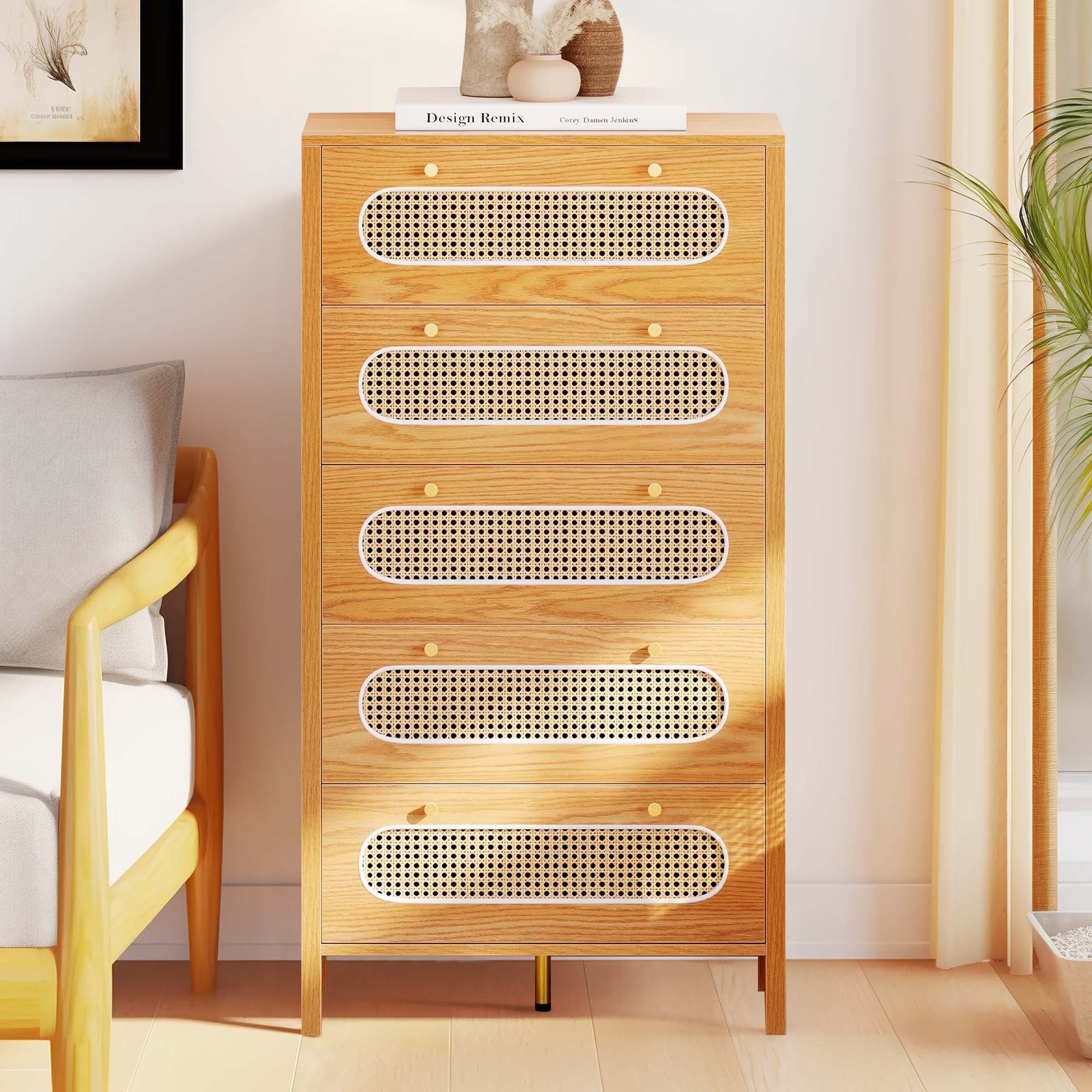 DEXTRUS 5 Drawer Dresser, 47" Tall Rattan Vertical Dresser, 5 Layers Wood Storage Cabinet Chest of Drawers, Oak