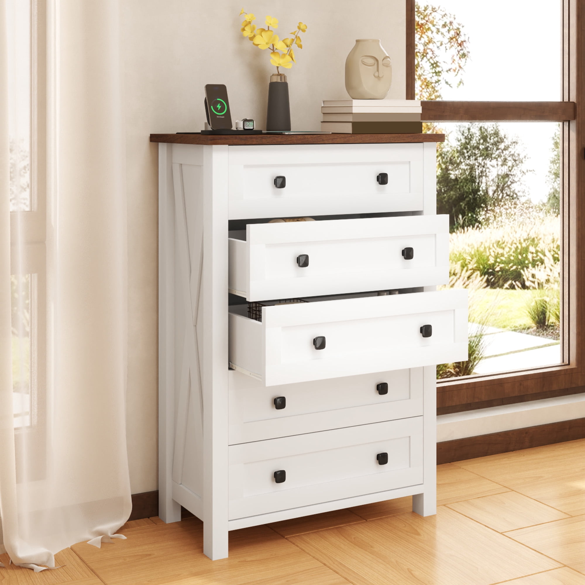 Dextrus 5 Drawer White Dresser for Bedroom,Wood Cabinet with Walnut Top, Vertical Chest of Drawers Dextrus 5 Drawer White Dresser for Bedroom,Wood Cabinet with Walnut Top, Vertical Chest of Drawers