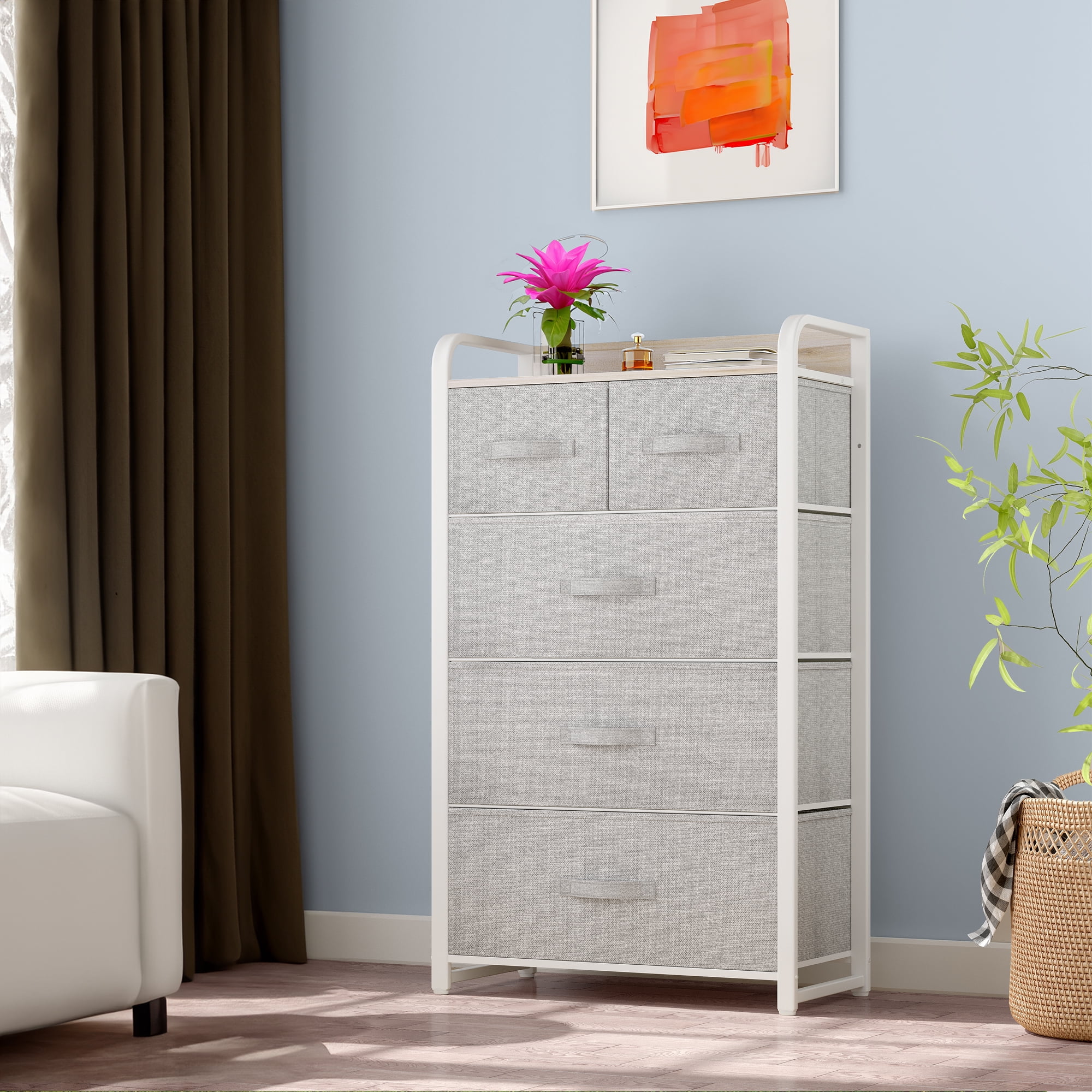 Dresser for Bedroom Storage Drawers Fabric Storage Tower with 5 Drawers,  Chest of Drawers with Fabric Bins