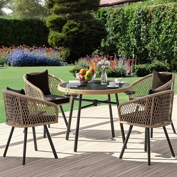 Dextrus 5 Piece Adult Modern Wicker Durability Dining Furniture Sets Light Brown/Black