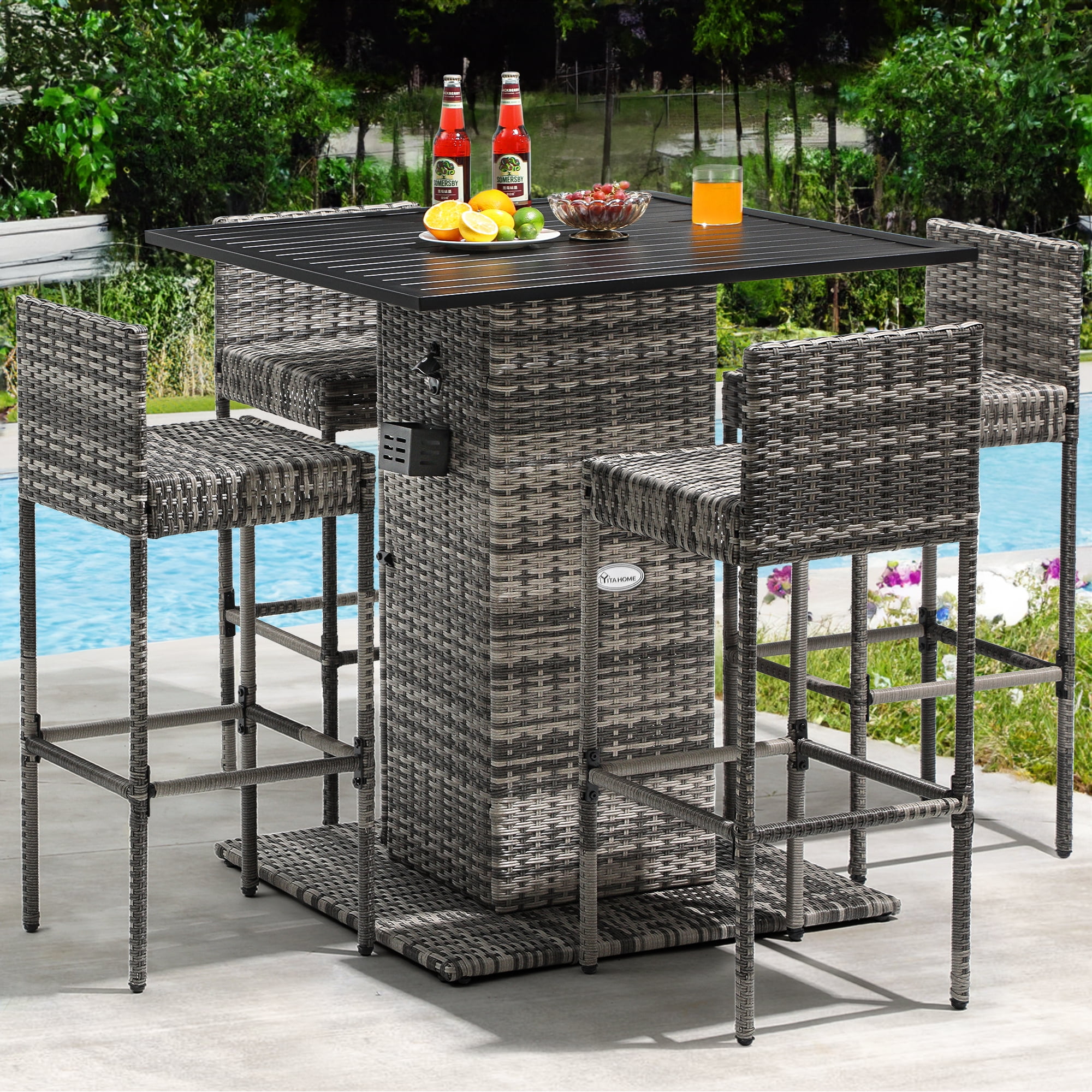 Dextrus 5 Piece All Weather Wicker Bar Set 4 Ergonomic Stools with Backrest and Bar Table with Metal Tabletop Built in Bottle Opener and Storage