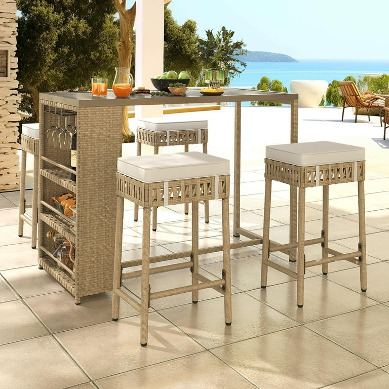 Dextrus 5 Piece Beige Rattan Wicker Bar Set Patio Dining Furniture High Top Dining Table with 3 Storage Space Shelf Wine Glass Holder and 4 Bar