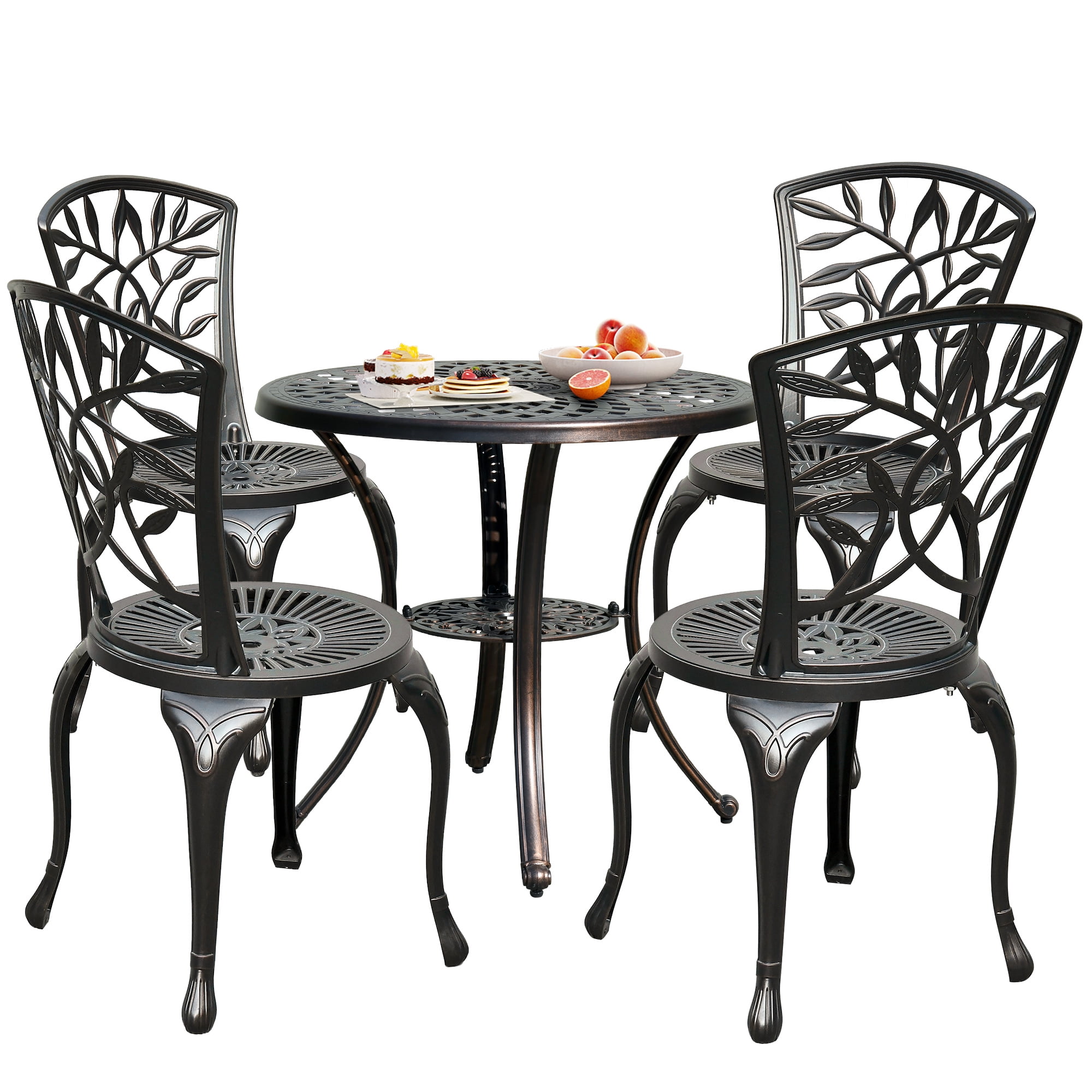 Dextrus 5 Piece Cast Aluminum Outdoor Patio Dining Set Outdoor Patio Bistro Sets with Round Table 4 Chairs with Adjustable Feet for Balcony Lawn