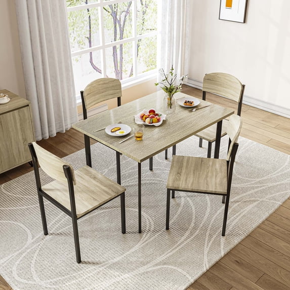 Dextrus 5 Piece Dining Set, Modern Wood Metal 42" Rectangular Table and 4 Chairs,Kitchen Breakfast Furniture-Light Brown