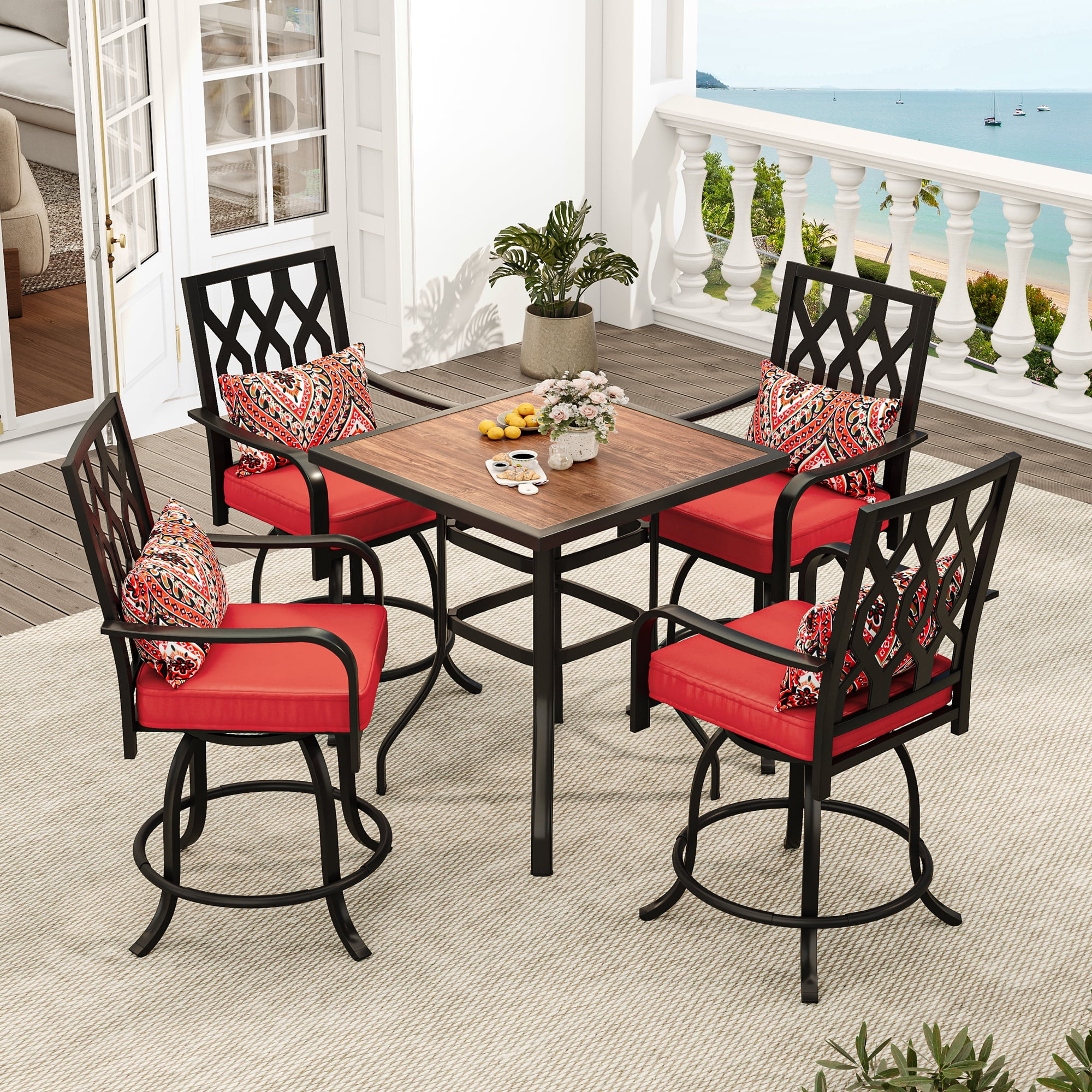 Dextrus 5 Piece High Top Outdoor Bar Height Set 32 Patio Table 4 Swivel Chairs Red Walmart
