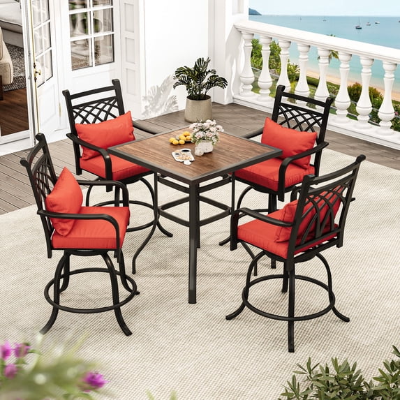 Dextrus 5-Piece Outdoor Bar Set, Weather Resistant Bar Height Patio Furniture Ensemble, 32'' Patio Height Bar Table and Bar Stools Set of 4 with Rhombus Back Design - Red