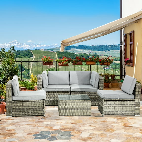 Dextrus 5 Piece Outdoor Patio Set, Wicker Sectional Sofas Rattan Conversation Set with Cushions, Pillows and Coffee Table