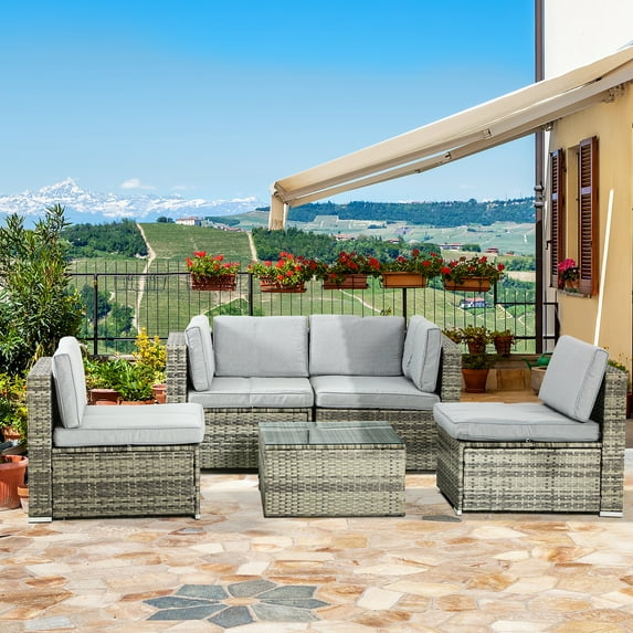 Dextrus 5 Piece Outdoor Patio Set, Wicker Sectional Sofas Rattan Conversation Set with Cushions, Pillows and Coffee Table